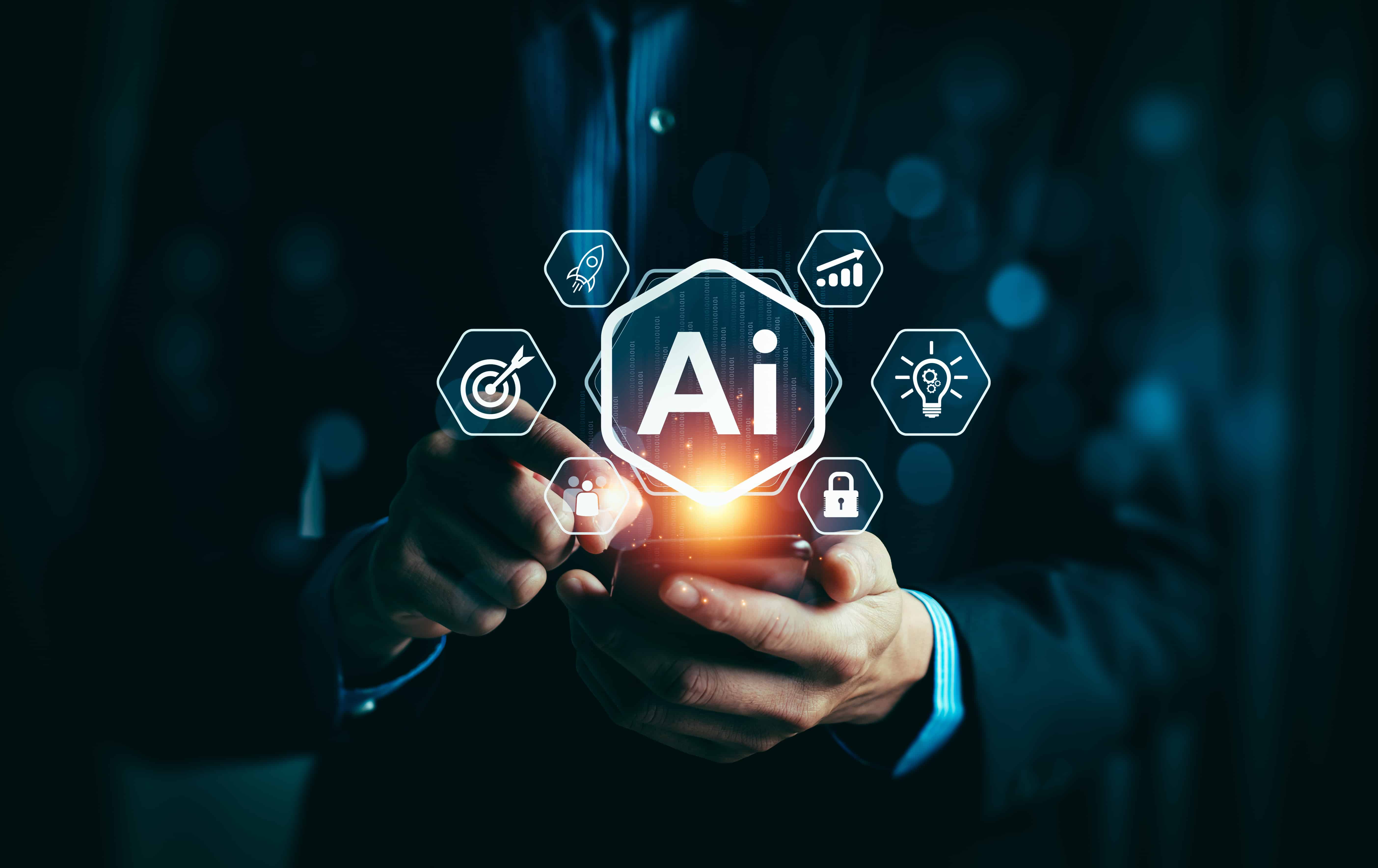 Stylized illustration of AI-powered data services, analytics, and secure mobile workflows.